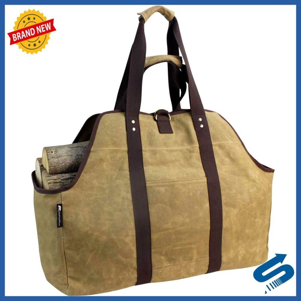 Waxed Canvas Log Carrier Tote Bag Heavy Duty Firewood Holder with Shoulder Strap